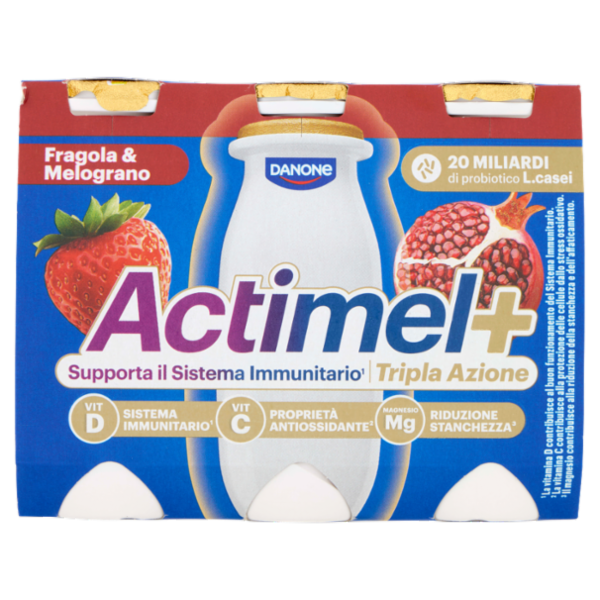 ACTIMEL Tripla Azione, Yogurt da Bere con Vit D e C e Magnesio, gusto Fragola&Melograno,6x100G