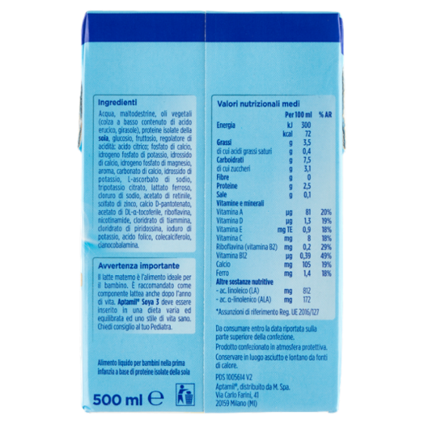 APTAMIL Soya 3 - Latte di Crescita Liquido, dal 12° mese compiuto, Senza Lattosio, 500ml