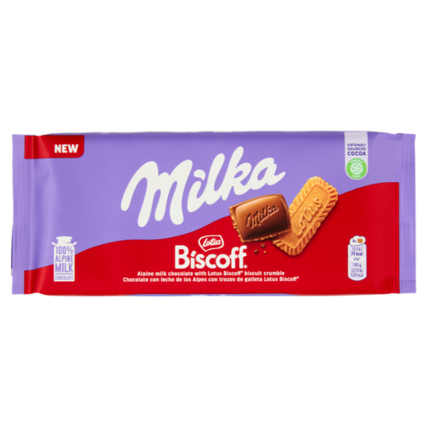 Milka Lotus Biscoff, tavoletta di cioccolato al latte 100% Alpino - 90g