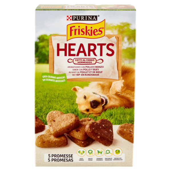 PURINA FRISKIES Biscotti Hearts Snack cane aromatizzati con pollo e manzo scatola 350 g