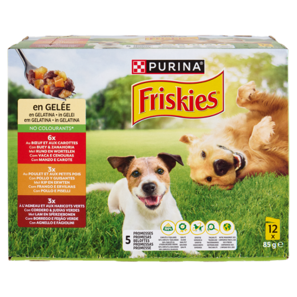 PURINA FRISKIES In Gelatina Con Manzo e Carote, Pollo e Piselli, Agnello e Fagiolini 12 x 85 g