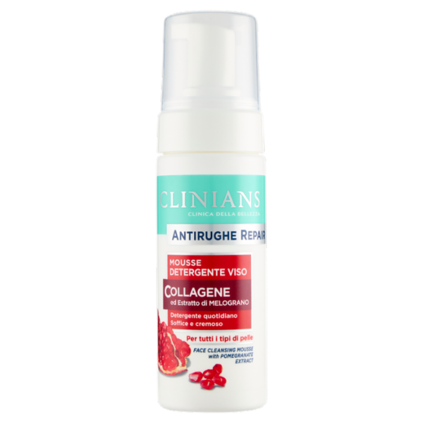 Clinians Antirughe Repair Mousse Detergente Viso Collagene ed Estratto di Melograno 150 mL