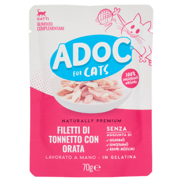 ADoC For Cats Naturally Premium Filetti di Tonnetto con Orata in Gelatina 70 g
