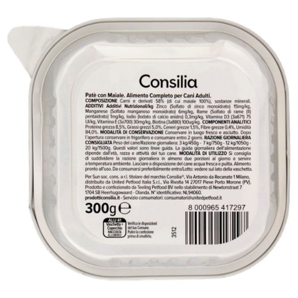 Consilia Cane Paté con Maiale Mono Proteico 300 g