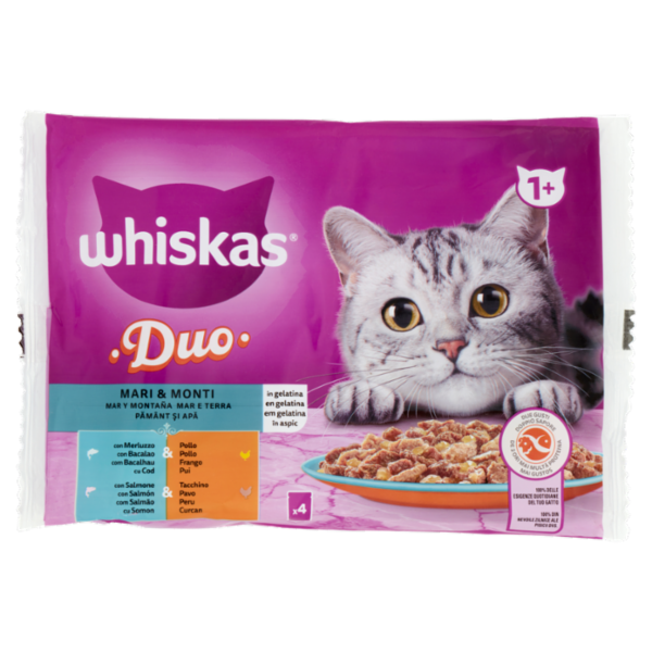 Whiskas Duo Mari & Monti in gelatina, con Merluzzo & Pollo, con Salmone & Tacchino 4 x 85 g