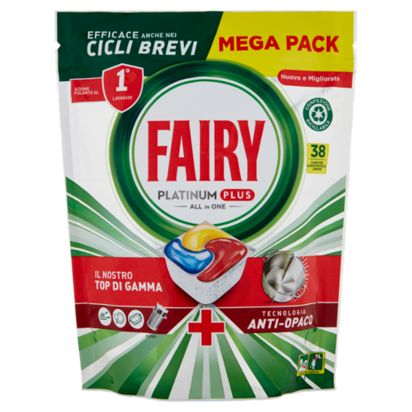 Fairy Pastiglie Lavastoviglie Platinum Plus Anti-Opaco, Detersivo Piatti Limone, 38 Capsule 589 g