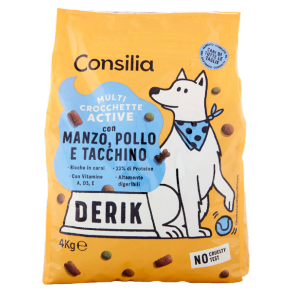 Consilia Derik Cane Multi Crocchette Active con Manzo, Pollo e Tacchino 4 kg