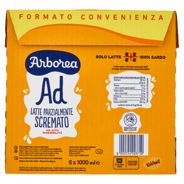 Arborea Ad Latte Parzialmente Scremato ad Alta Digeribilità Senza Lattosio 6 x 1000 ml