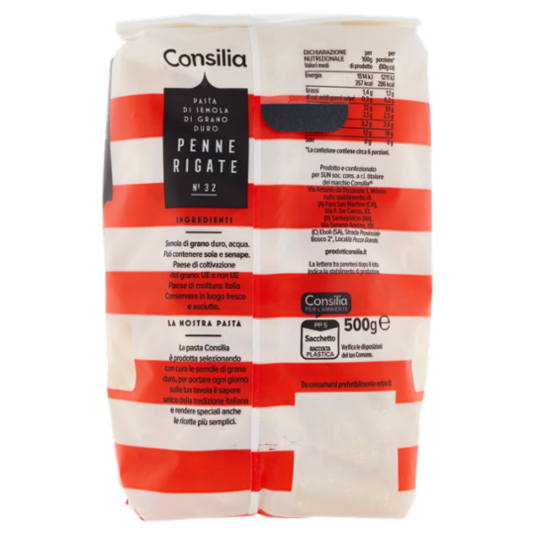 Consilia Pasta di Semola Trafilata al Bronzo Penne Rigate 500 g