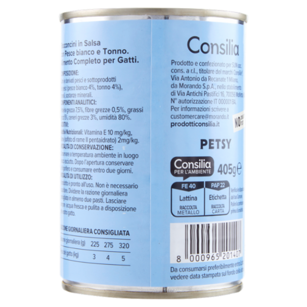 Consilia Petsy Gatto Bocconcini con Pesce Bianco e Tonno 405 g