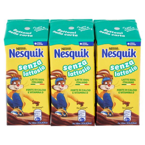 NESQUIK Pronto da Bere Senza Lattosio Latte e Cacao 3 Brick da 180ml