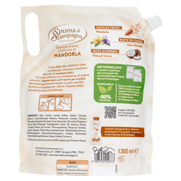 Spuma di Sciampagna Benessere Sapone crema Mandorla Ecoricarica 1300 ml