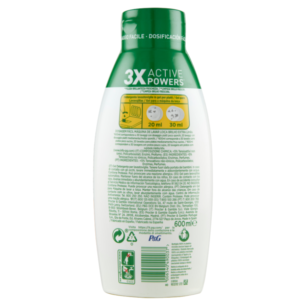 Fairy Gel Lavastoviglie Platinum Extra Brillantezza Detersivo Piatti Profumo Limone 30 Lavaggi 600ml