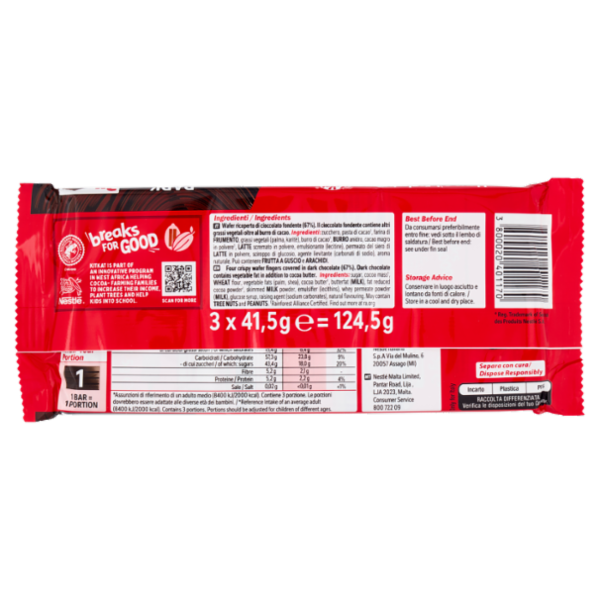 KITKAT Dark Wafer ricoperto di Cioccolato Fondente 3 Snack da 41,5g