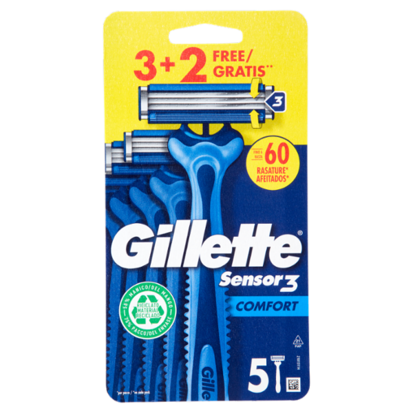 Gillette Sensor 3 Comfort Rasoio da Uomo Usa e Getta, 3 Rasoi + 2 Gratis
