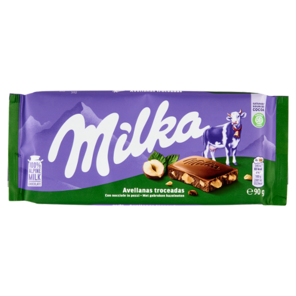 Milka Nocciole spezzate, tavoletta di cioccolato al latte 100% Alpino e nocciole spezzate - 90g