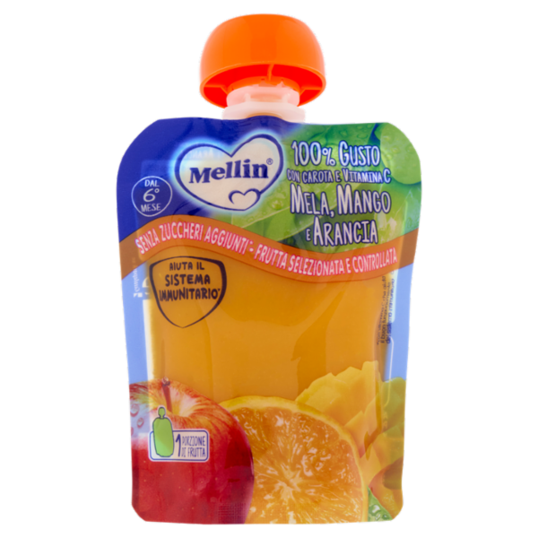 MELLIN Merenda di Frutta 100% con Carota, Arancia e Mango, a partire dal 6° mese, Pouch 90 g