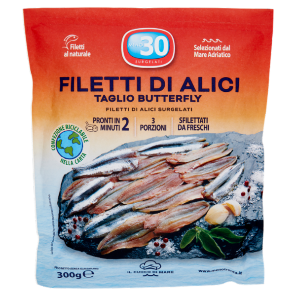 Meno 30 Il Cuoco di Mare Filetti di Alici Surgelati Taglio Butterfly 300 g