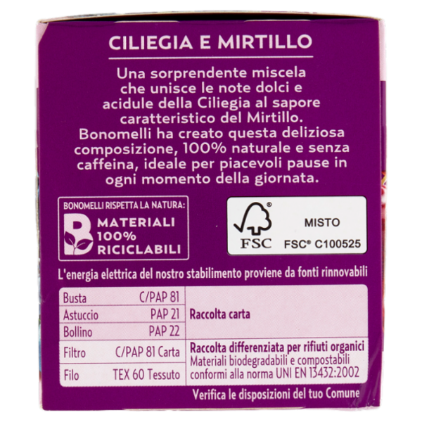 Bonomelli Infusi Fruttosi 100% Naturali Ciliegia e Mirtillo 12 Filtri 24 g