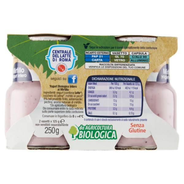 Centrale del Latte di Roma Mirtillo yogurt intero da Agricoltura Biologica 2 x 125 g