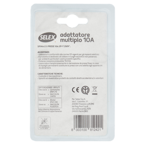 Selex Adattatore Multiplo Spina 10A + 3 Prese 10A(Ita) Nero