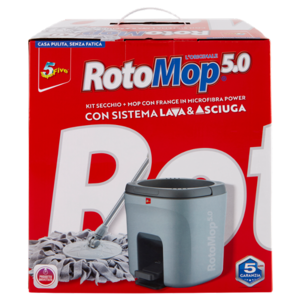 Super5 RotoMop 5.0 Kit Secchio + Mop con Frange in Microfibra Power con Sistema Lava & Asciuga