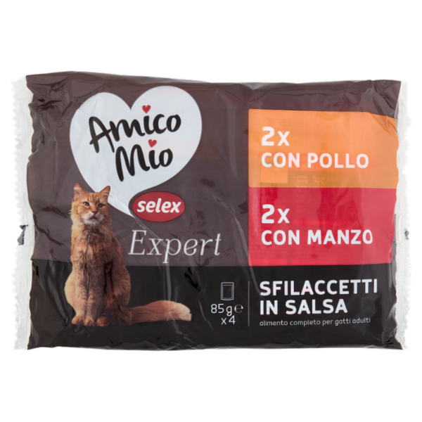 Selex Amico Mio Expert Gatto Sfilaccetti in Salsa 2 con Pollo e 2 con Manzo 4x85 g