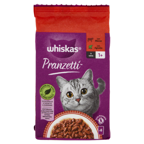 Whiskas Pranzetti Cibo Umido Gatto con Manzo e Agnello in Salsa 6x50g