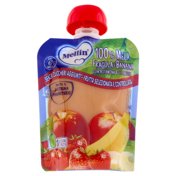 MELLIN Merenda di Frutta 100% con Carota e Vit C, Mela Fragola e Banana, dal 6° mese, Pouch 90 g