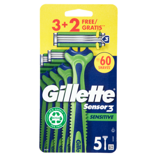 Gillette Sensor 3 Sensitive Rasoio da Uomo Usa e Getta, 3 Rasoi + 2 Gratis