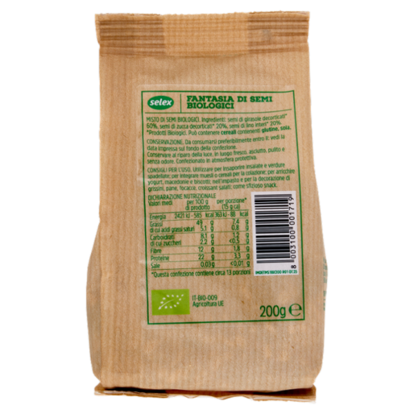 Selex Mix Fantasia di Semi di Lino, Girasole e Zucca Biologici 200 g