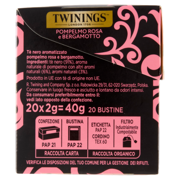 Twinings Pompelmo Rosa e Bergamotto Tè Nero aromatizzato 20 filtri The 40 g