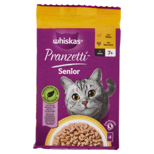 Whiskas Pranzetti Senior Cibo Umido Gatto con Pollo e Tacchino in Salsa 6x50g
