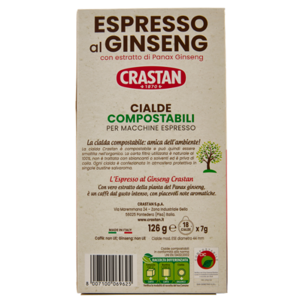 Crastan Espresso al Ginseng Cialde Compostabili per Macchine Espresso 18 x 7 g
