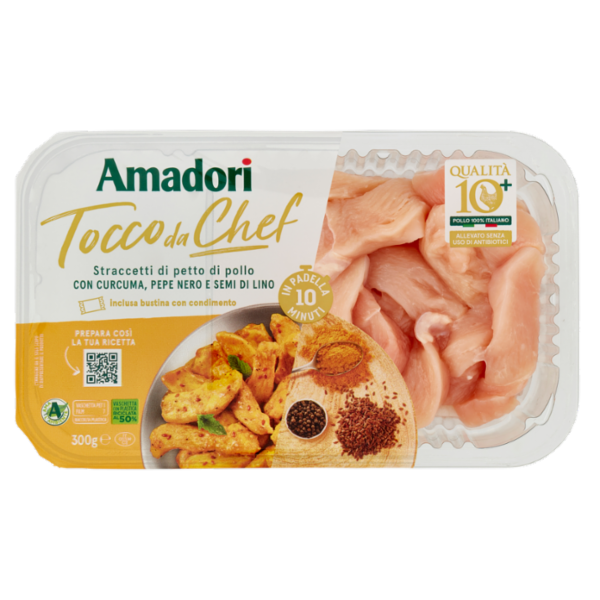 Amadori Qualità 10+ Straccetti di petto di pollo con Curcuma, Pepe Nero e Semi di Lino 0,300 kg