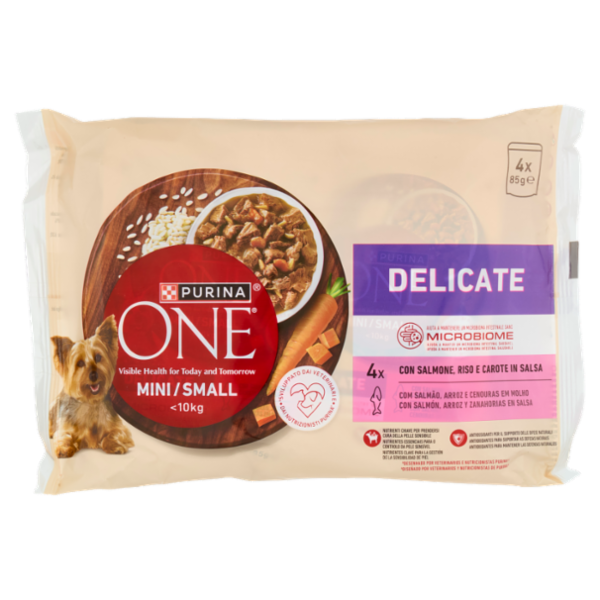 PURINA ONE Mini/Small Delicate con Salmone, Riso e Carote in Salsa 4 x 85g