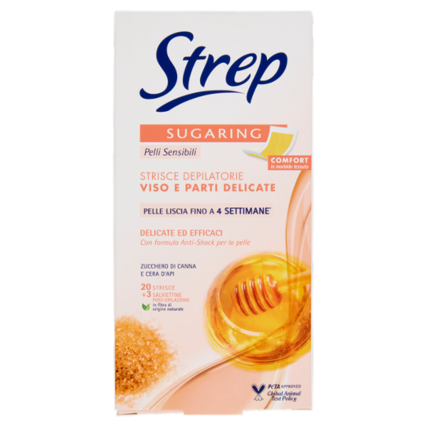 Strep Sugaring Strisce Depilatorie Viso e Parti Delicate 20 Strisce + 3 Salviettine