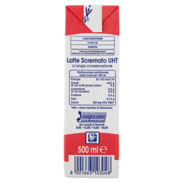 Centrale del Latte di Roma Latte UHT a Lunga Conservazione Scremato 500 ml