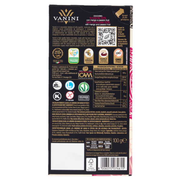 Vanini fondente 62% con mango e passion fruit 100 g