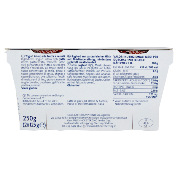 Sterzing Vipiteno Yogurt intero Frutta e Cereali Senza Glutine 2 x 125 g