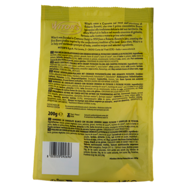 Witor's Golden White Pistacchio Cioccolato Bianco con Crema e Granella di Pistacchio 200 g