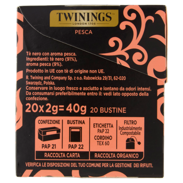 Twinings Pesca Tè Nero aromatizzato 20 filtri The 40 g