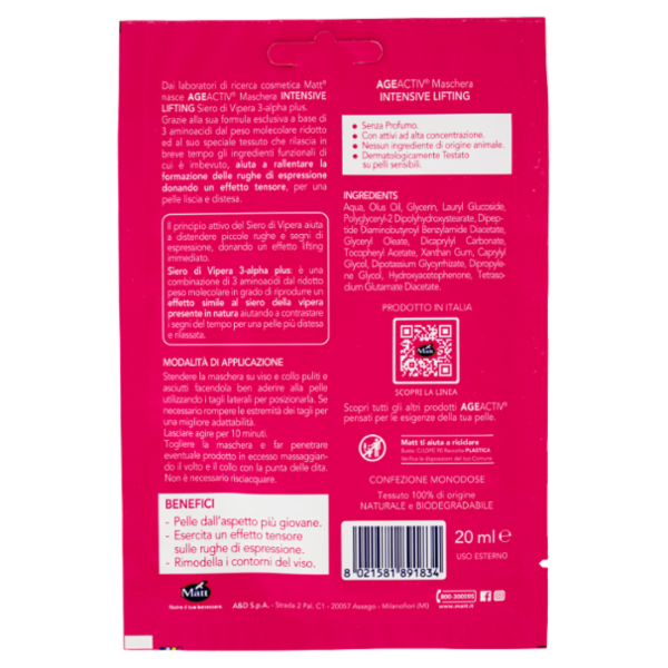 Matt Age Activ Intensive Lifting Maschera in Tessuto Viso e Collo Siero di Vipera 3 Alpha Plus 20 ml