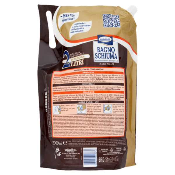 milmil Bagno Schiuma Argan Oil Fragrance Ricarica Universale Ecologica 2 Litri