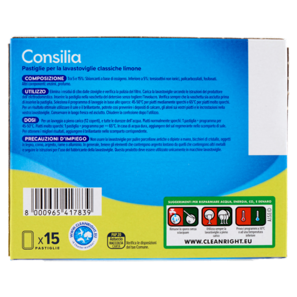 Consilia Detersivo per Lavastoviglie Pastiglie Bistrato al Limone 15x15 g