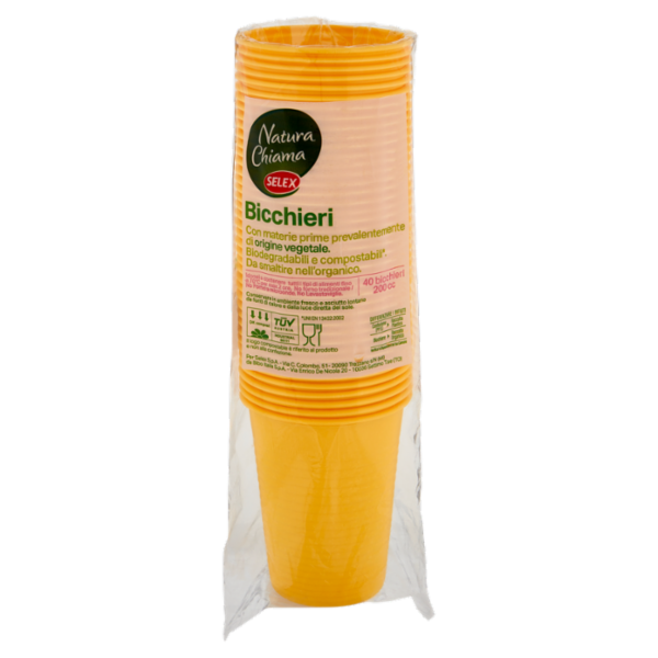 Selex Natura Chiama Bicchieri Biodegradabili e Compostabili Ecologici Gialli 200 cc 40 pezzi