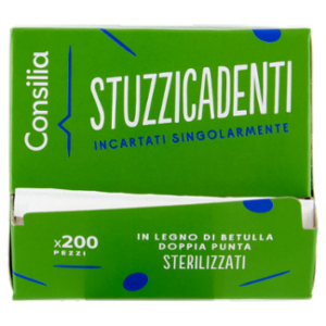 Consilia Stuzzicadenti Doppia Punta In Betulla Sterilizzati e Imbustati Singolarmente 200 Pezzi