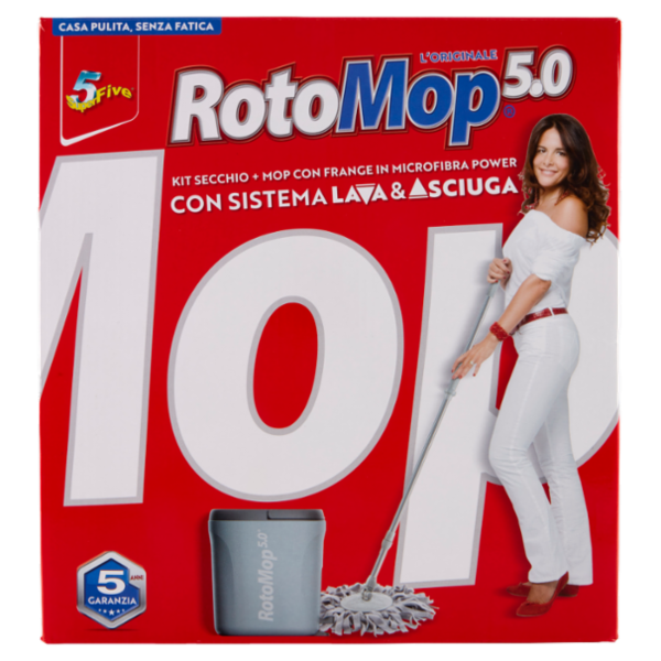 Super5 RotoMop 5.0 Kit Secchio + Mop con Frange in Microfibra Power con Sistema Lava & Asciuga