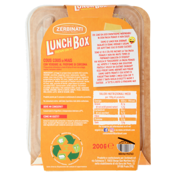 Zerbinati Lunch Box Cous Cous di Mais con Verdure al Profumo di Curcuma 200 g