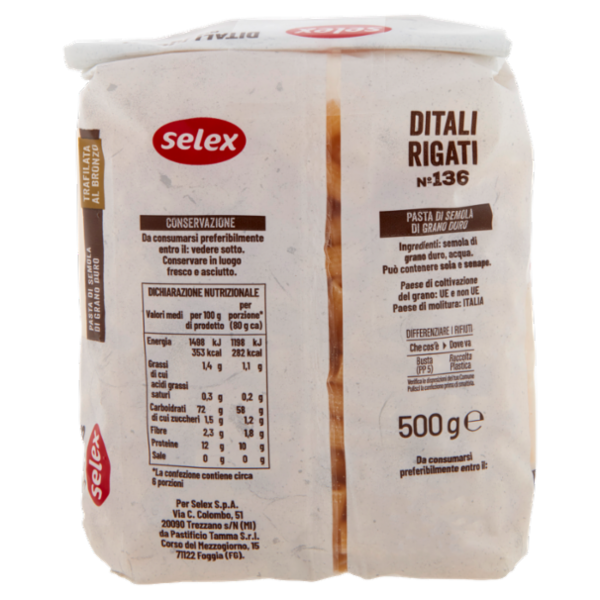 Selex Pasta di Semola Trafilata al Bronzo Ditali Rigati 500 g
